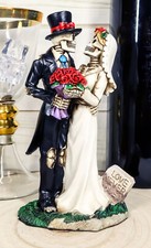 Day Of The Dead DOD Skeleton Bride Groom With Rose Flower Bouquet Figurine