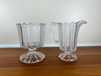EAPG Bakewell, Pears & Co. FROSTED RIBBON 5 ¾  Creamer & Open Sugar Set c. 1870
