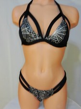 Exotic dancer stripper medium black/silver 2 piece bikini dance outfit-dancewear