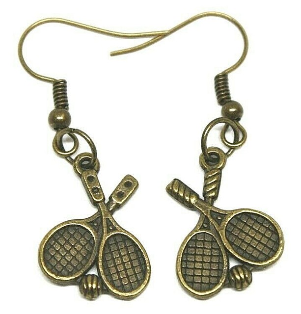 Tennis Racket Earrings Gold Brass Bronze Hooks Crossed Racquets with Ball Cute! eBay