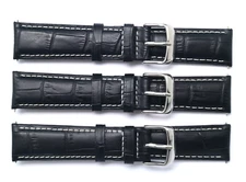 3Pcs 20mm Black/White Croco Embossed Leather Watch Band Silver Tone Buckle