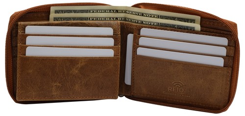 RFID Blocking Men's Zipper Genuine Leather Zip-Around ID Bifold Wallet RFID1256H - Picture 7 of 16