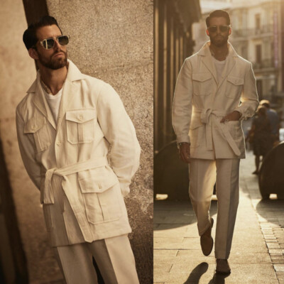 Beige Men's Linen Safari Jacket Suit Four Pockets with Belt Leisure Party  Wear