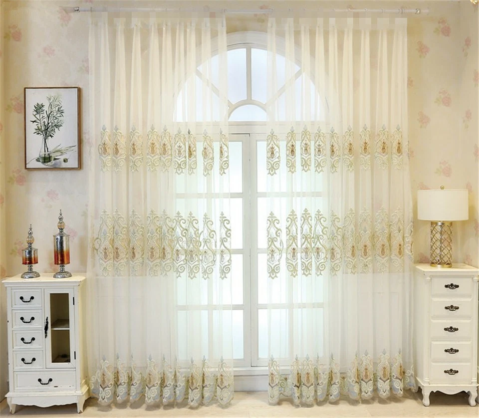 Cortinas transparentes bordadas florales de lujo estilo europeo hilo de ventana de tul 1 panel Foto 2 de 4