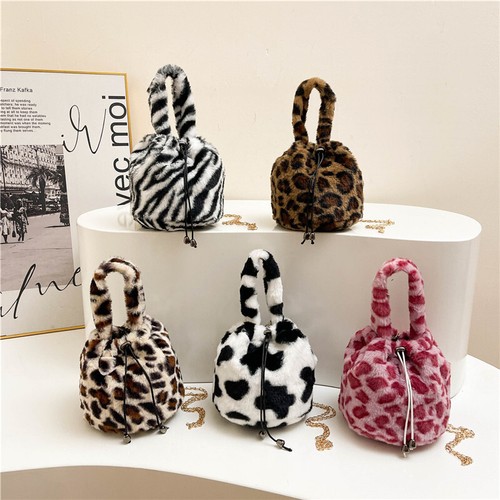 Women Plush Bucket Bag Leopard Print Crossbody Bag Small Purse for Work Shopping - Picture 2 of 20