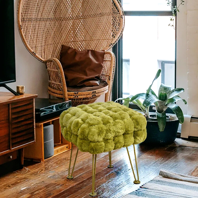 Handwoven Faux Fur Ottoman Footstool Soft Plush Pouf with Metal Legs Modern - Image 2 of 4