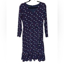 Talbots Navy Blue Heart Print Long Modest Knee Length Long Sleeve Dress Size 6
