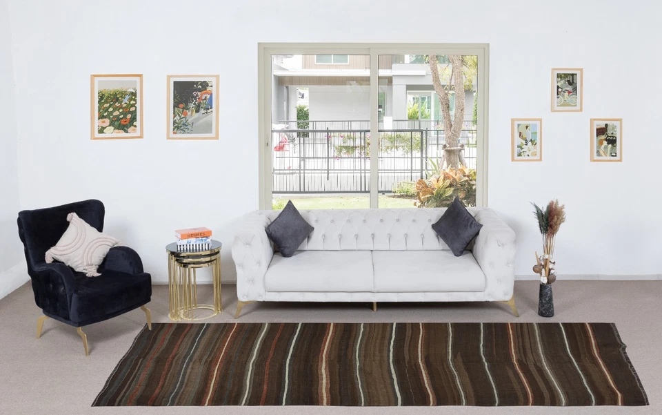 4.3x12.2 Ft Handwoven Vintage Striped Brown Kilim Runner. Flat-Weave Turkish Rug - Image 2 of 4