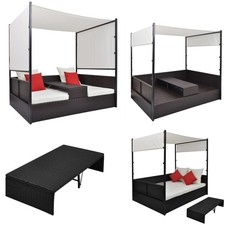 Sonnenliege Poly Rattan Doppelliege Gartenliege Bett Dach Braun/Schwarz #A