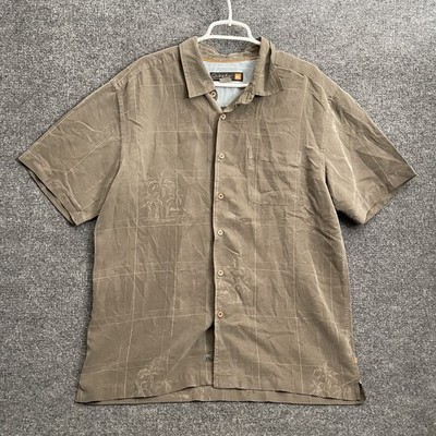 Quick Silver Waterman Collection Shirt Men s Sz L Short Sleeve Brown Palm Trees