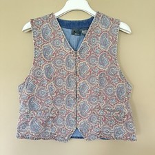 Vintage Coastal Cowgirl Paisley Zip Vest Women L Denim Corduroy Western Rodeo