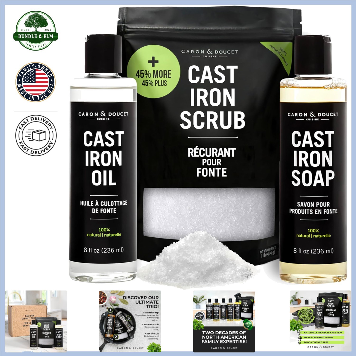 Cast Iron Care Set: Seasoning Oil, Cleaning Soap &Amp; Restoring Scrub Included