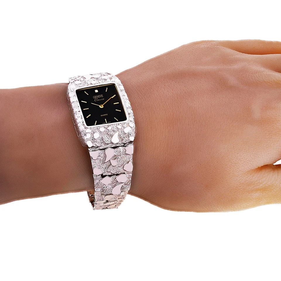 Pulsera de plata de ley 925 con eslabones pepita Geneve con reloj de diamantes 7-7,5" 44 gramos Foto 3 de 4