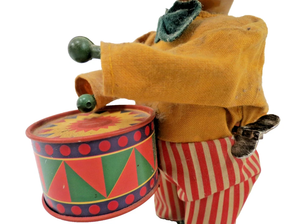 Vintage Wind Up Drumming Clown Tin Litho Mechanical Toy Clockwork Figure Works - Image 4 of 4