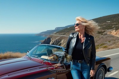 Glamour Blonde Woman Leather Jacket Red Convertible Blue Sky 4x6 Fantasy Photo