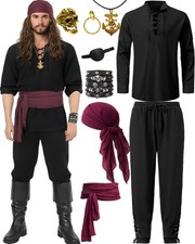 9PCS Men's Pirate Costume Set,Renaissance Medieval Outfit for Halloween Pirat...