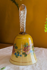 Unmarked Decorative Ceramic & Glass Hand Bell Yellow Floral Flowers Glossy