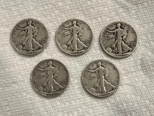 Lot of 5 Walking Liberty Half Dollars - 90% Silver 1941, 1942, 1943 x2, 1945