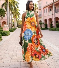 Farm Rio Anthropologie Halter Tropical Floral Floating Maxi Dress XS