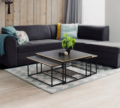 3tlg Satz Couchtische Set Ricky Schwarz und Holz Metallgestell Modern Industrial