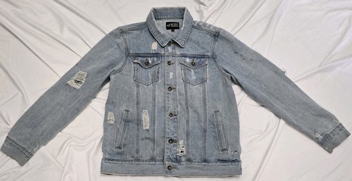 XXX Rude Jacket Womens Large Denim Classic Trucker Distressed Ripped Dirty Rare!