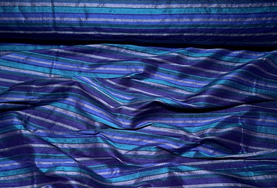 Blue/Teal/Purple Dupioni Stripes 100% Silk Fabric 44" Wide By The Yard (SD-617C) - Image 4 of 4