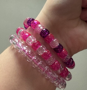 Pink Purple Clear Glass Round Beaded Stretch Bracelets Stackable Set of 3