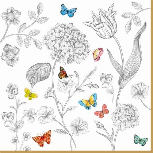 20 Servietten Fleurs Et Papillons Bunte Schmetterlinge An Blumen Natur 33X33Cm-image