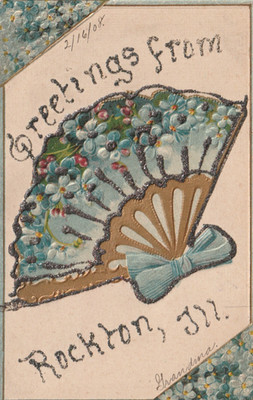 Vintage Postcard 1908 Greetings From Rockton Ill Fan Flowers Glitter Embossed