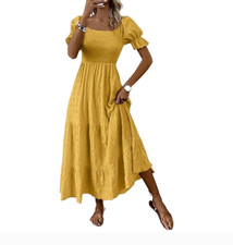 Bohemian Dress Yellow Sheered Top Puffed Sleeve Vacay Sundress