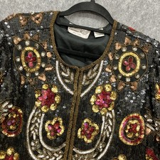 Lawrence Kazar Sequin Beaded Silk Jacket Vintage Large Black Cocktail Holiday