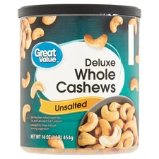 Great Value Deluxe Whole Cashews, Unsalted, 16 oz NEW