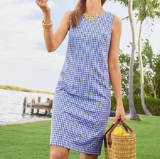 Talbots Lemon Gingham 10P Shift Dress  Keyhole Back Fully Lined Lemon Embroidery