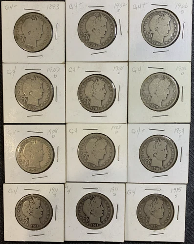 12~LOT Barber Silver Half Dollars USA Mixed Dates and Mints 90% Silver 1893-1915