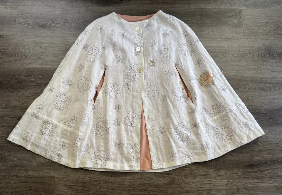 Vintage Hippie Boho FLORAL Embroidered FESTIVAL Swing CAPE Raw Linen Coat OS - Image 2 of 4