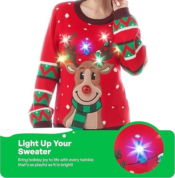 Adult LED Light Up Christmas Ugly Sweater with Light Bulbs, Red Reindeer - Image 3 of 4