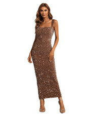 Miss Ord Mocha Sequin Velvet Square Neck Sleeveless Maxi Formal Dress Sz M