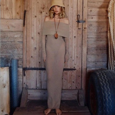 Helsa Justin Knit Off the Shoulder Sheer Long Sleeve Beige Maxi Dress S  $258msrp | eBay
