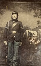 Civil War Tintype Photo Standing Union Soldier Musket Bayonet US Belt Plate Flag