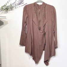 Mystree Womens Jacket Brown Hooded Waterfall Zip Up Rayon Asymmetric Hem Boho S