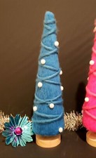 Retro Style Blue Yarn Christmas Tree Decorated In White w/ A Wood Base 