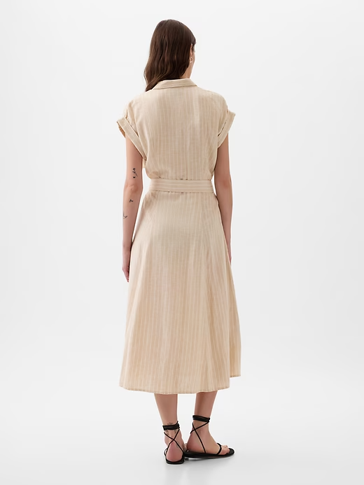 Gap - Women's Beige Linen-Blend Tie Waist Midi Shirt Dress Size X-Large