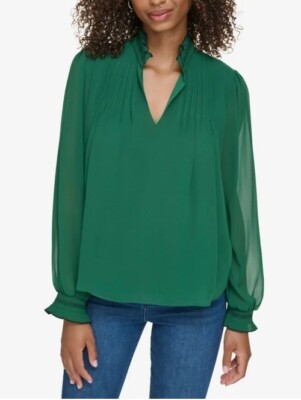 KARL LAGERFELD Women s PARIS V-Neck Sheer-Sleeve Pleated Blouse Green Size S
