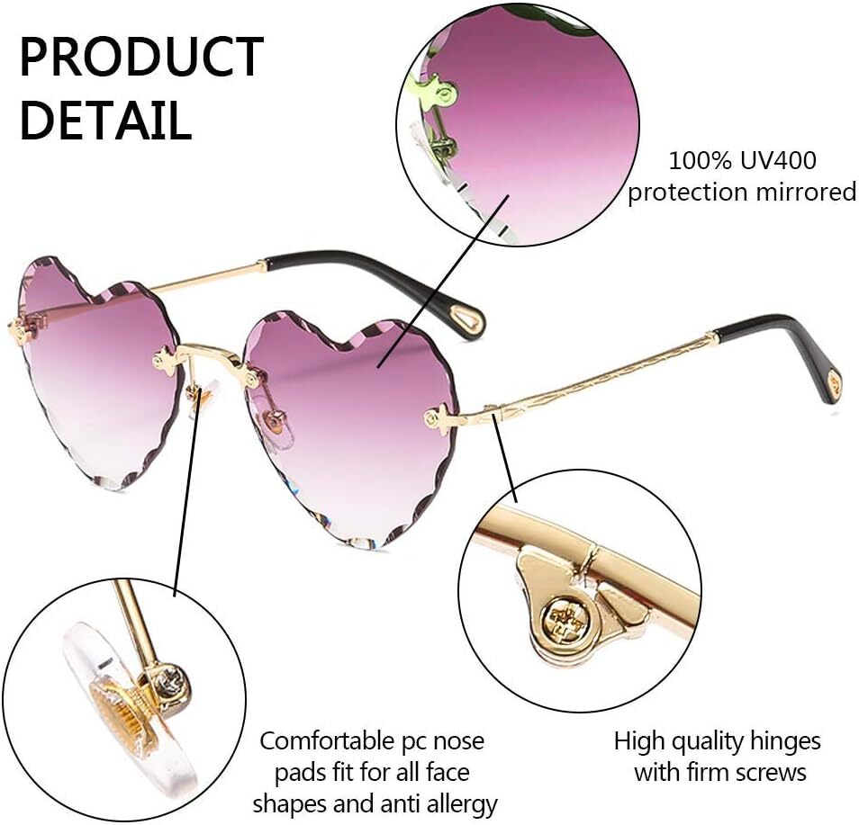 Dollger Occhiali Da Sole A Forma Di Cuore – Lenti Composite Con Protezione UV400 – Colore Viola – Senza Montatura