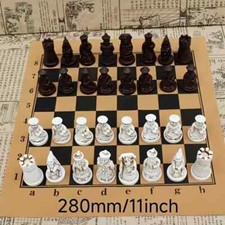 Vintage-Inspired Chess Set with Faux Leather Board & 3D Carved Resin Pieces 28cm