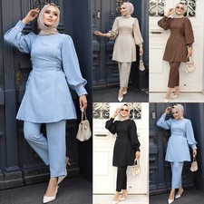 2PCS Muslim Women Long Sleeve Blouse Top Pants Sets Islamic Kaftan Outfits Arab
