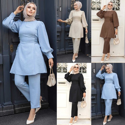 Dubai Women Long Sleeve Tops Blouse Pants 2 Piece Sets Muslim Outfits Arab Party