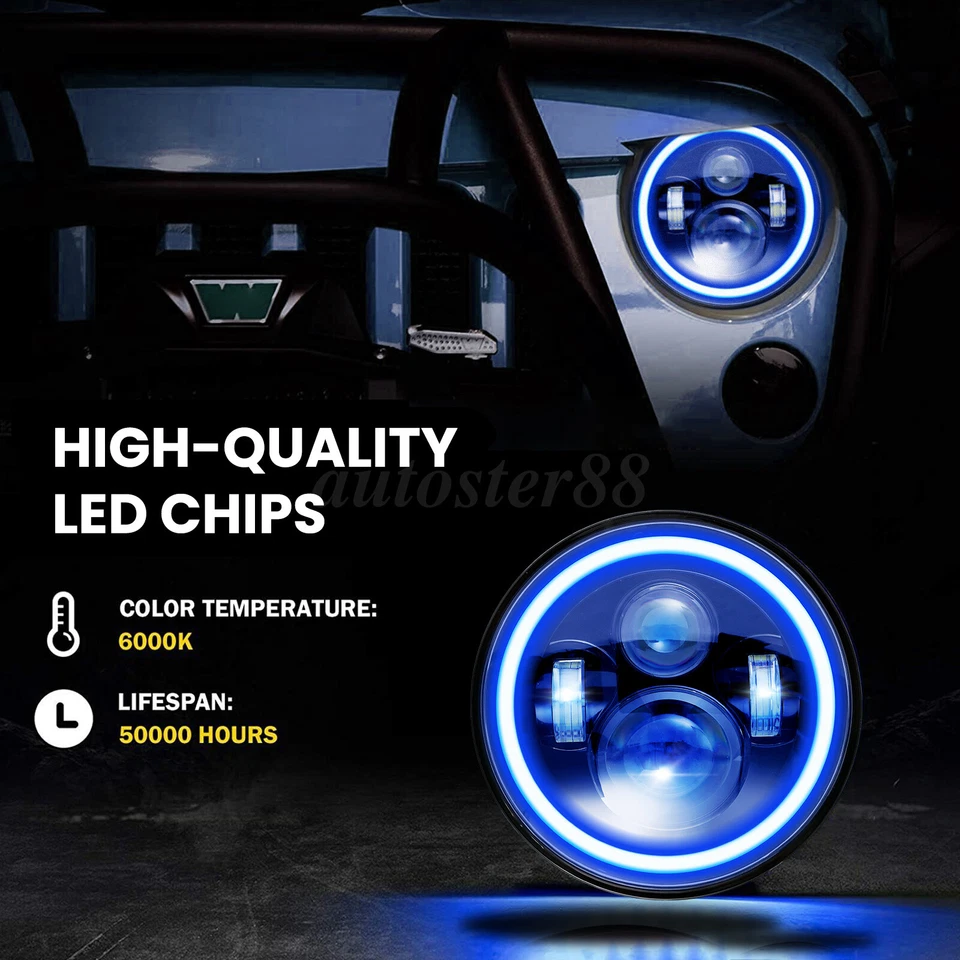 Halo Blue DRL 7" LED Headlights 4" Fog Lights Combo Kit For Jeep Wrangler JK TJ Foto 3 de 4