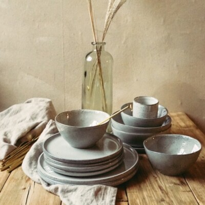 Geschirr grau Steingut Pearl Lasur Effekt Becher Teller Schale Vintage modern