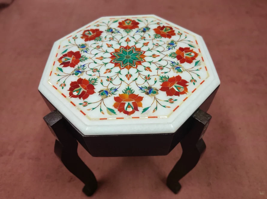 Hexagonal White Marble Inlay Table Top Fully Floral Design | Handmade Home Decor - Image 2 of 4